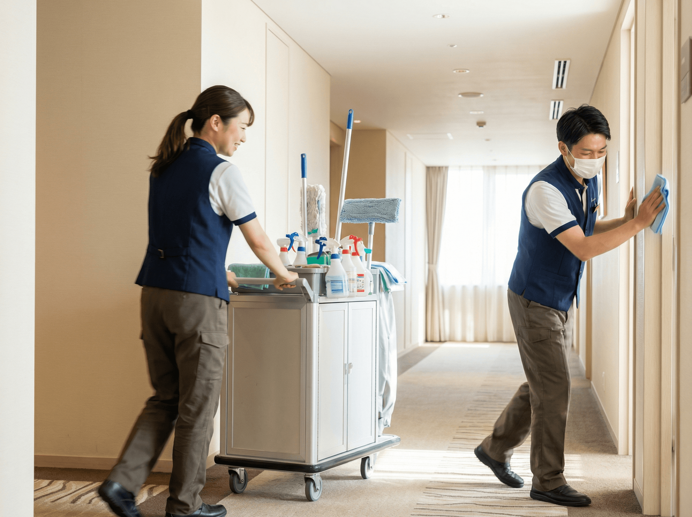 清掃スタッフが機敢よく現場で作業する様子