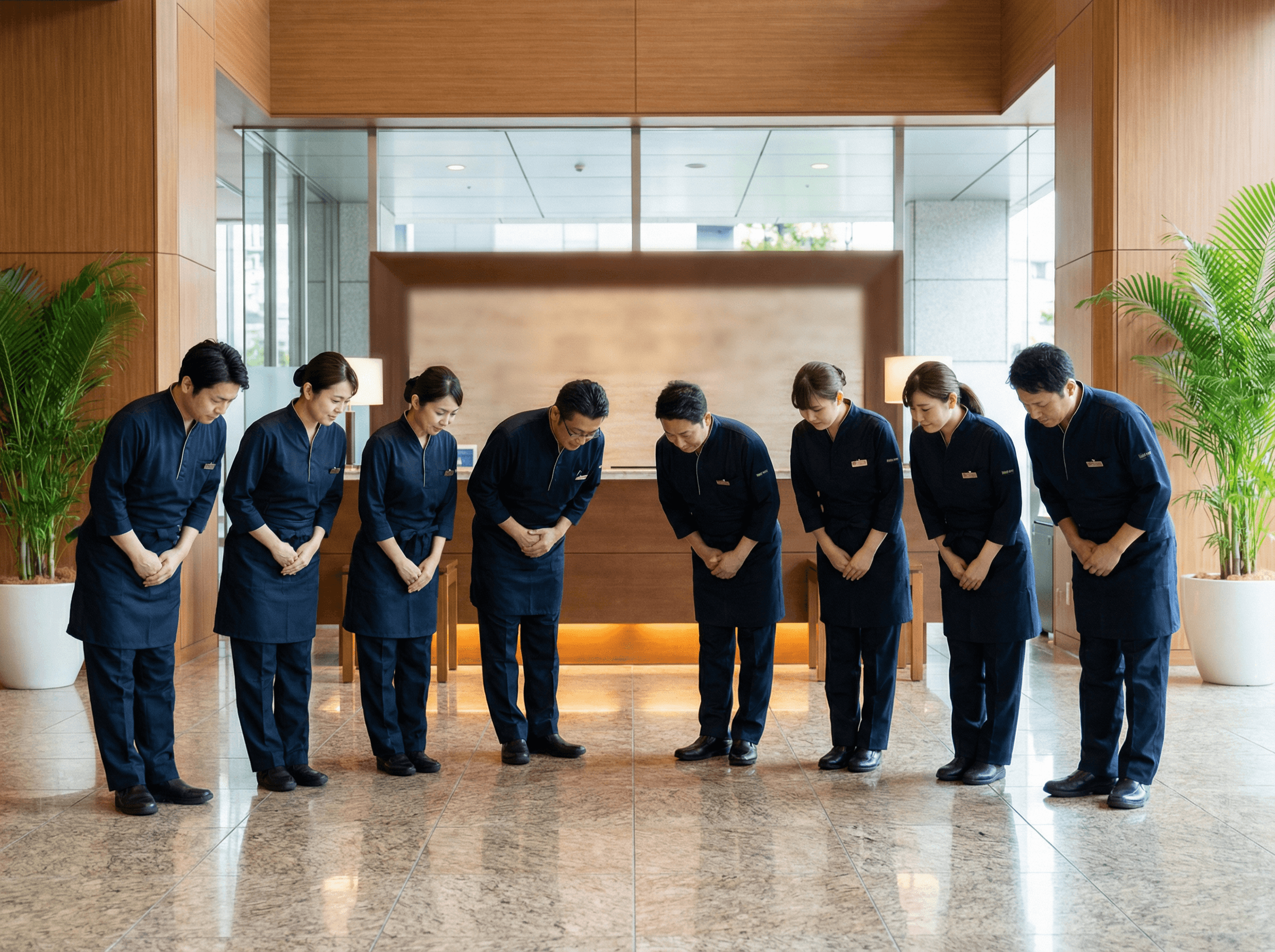 スタッフが整列して丁寧に挨拶するホスピタリティ