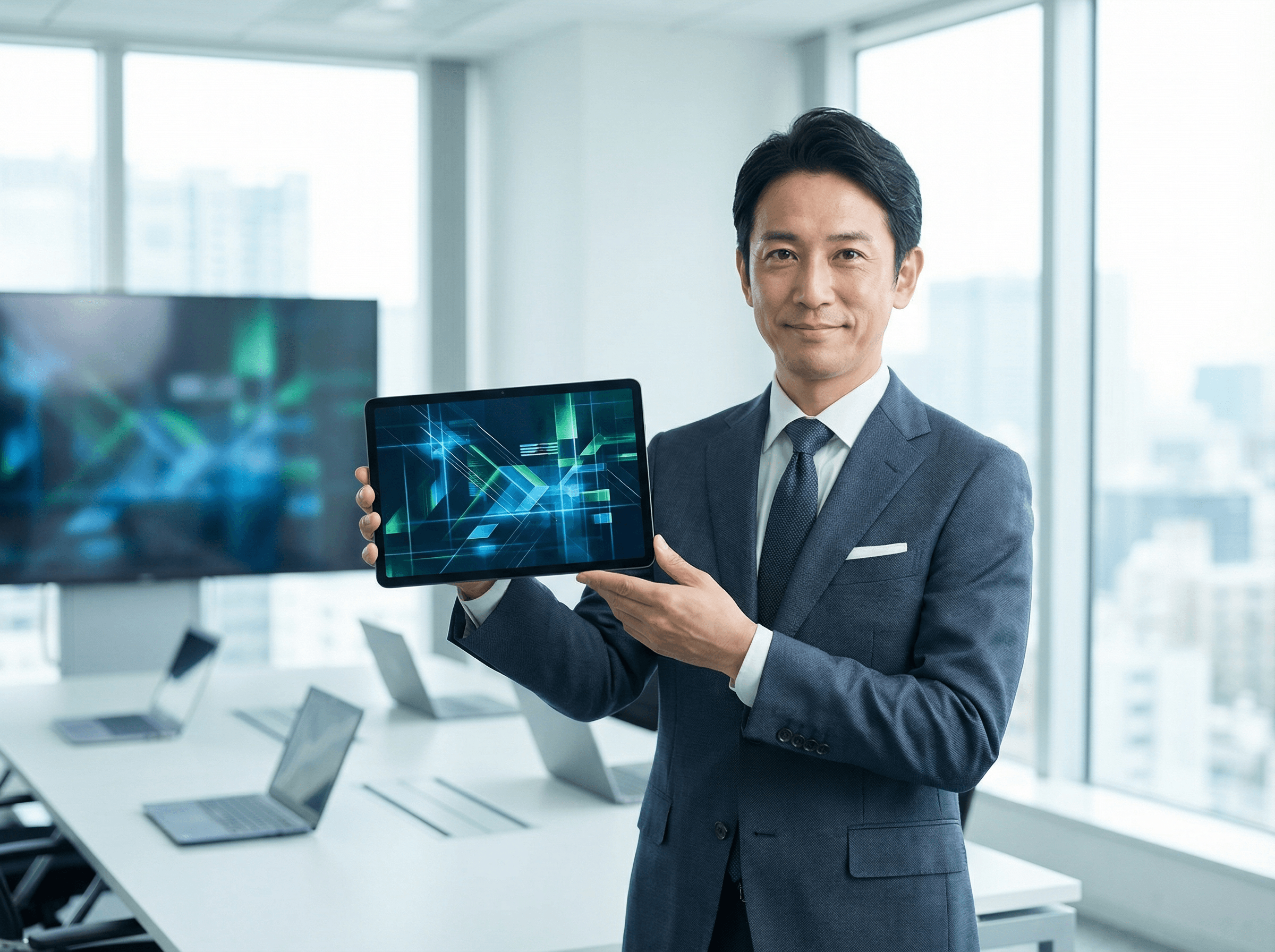 タブレットでマニュアルを確認する清掃スタッフ